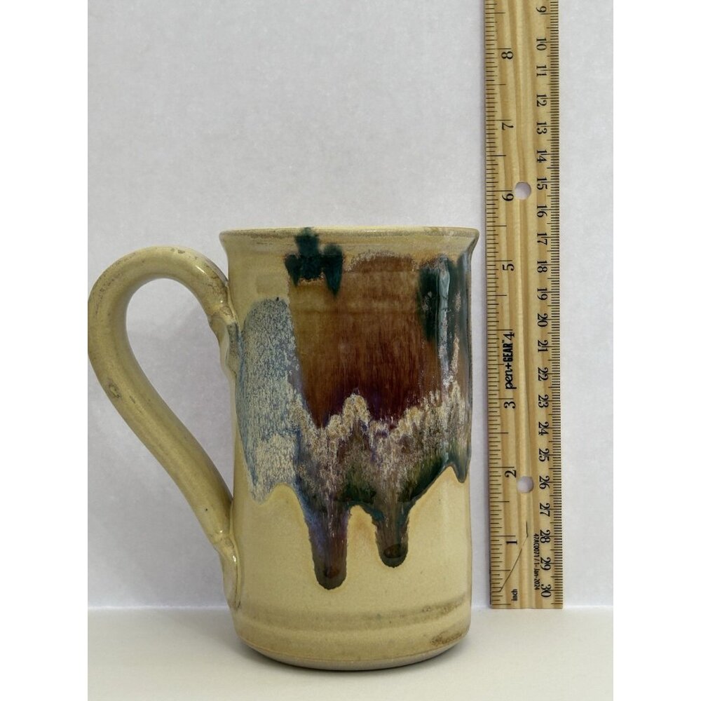 Studio Pottery Mug Tall 5 1/2 inches Drip Glaze Beige Brown Blue Signed Glosssy - Picture 15 of 16
